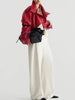Edgy Faux Leather Cropped Jacket for Women Lapel Snap Button Irregular Pleated Ruffle Hem Long Sleeve Biker Coat