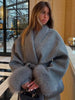 Elegant Lace Up Woolen Short Coat Solid Loose Lapel Furry Long Sleeve Belt Waist Jacket Spring Autumn Lady Chic Cardigan