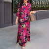 Pure Cotton 3/4 Sleeve Maxi Dress Slit Hem Women Casual Floral Print Long Vestidos Lapel Commute Shirtdress