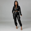 Women Jacket Sets 2 Piece Long Sleeved Slim PU Leather Gripped Pants Set Solid Zipper Fly Pencil Pants Slim Fit High Street Suit