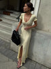 Ribbed Knit Maxi Dress For Women Deep V-Neck Slim High Slit Elegant Patchwork Commute Party Dress Women Knitwear Dress