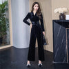 Temperamnet Velvet Jumpsuit For Women Elegant V-neck Long Sleeve Slim Wide-Leg Pants with Brooch