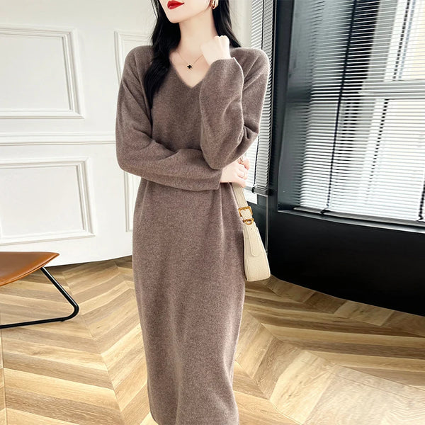 100% Merino Wool Women Long Dress Sweater V-Neck Pullover Long Dress Versatile Cashmere Knitwear Bottoming Clothing