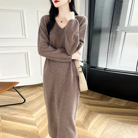 100% Merino Wool Women Long Dress Sweater V-Neck Pullover Long Dress Versatile Cashmere Knitwear Bottoming Clothing