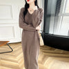 100% Merino Wool Women Long Dress Sweater V-Neck Pullover Long Dress Versatile Cashmere Knitwear Bottoming Clothing