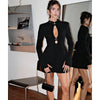 Sexy Plunge Hollow Out Dress Black Striped Slim Long Sleeve Mini Dress Female High Street Party Clubwear Dress