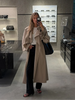 Women Khaki Long Color-block Stripe Trench Coat Wide Lapel Loose Drop Shoulder Blue Lining Slit Windbreaker Commute Outing Coats