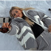 Women Color Block Spliced Ski Set Fleece Lined Stand Collar Zip Jacket Multi‑Pocket Wide Leg Trousers Winter Outfit