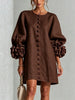 High‑quality Women Loose Short Tunic Dress 3D Stereo Big Flower Cuff Lantern Long Sleeve Button Front Dress Casual Daily Wear