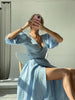 100% Cotton V-neck Waist Cinched Dress Unique Lantern Sleeve Sexy Slit Long Skirt Women's Casual Dresses
