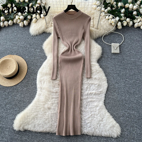 Vestidos Para Mujer Solid Half High Collar Autumn Winter Solid Woman Dresses Korean Sweater Elegant Long Dress