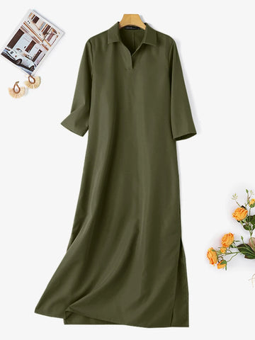 Women's Vintage Maxi Shirt Dress Spring 3/4 Sleeve Lapel Neck Slit Hem Long Dresses Loose Casual Solid Robes Femme