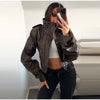 PU Leather Stand Neck Short Jacket Women Vintage Chic Solid Single Breasted Slim Jackets Female Autumn Classic Outerwear