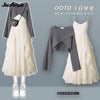 Spring Autumn Dress Matching Set Women's Vintage Short Knitted Sweater Suspended Skirt Two Piece Female Clothing Suit