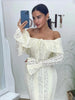 White Lace Patchwork Long Dress Women's Pleated Ruffle Sleeve Off shoulder bodycon See Through Vestidos Lady Party Gowns