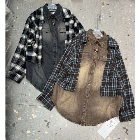 Single Breasted Jeans Patchwork Shirts for Women Autumn Korean Style Loose Long-sleeved Shirts