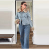 Furry Trim Cropped Denim Jacket Single Breasted Long‑Sleeve Winter Women Warm Outerwear Versatile Lady Casual Jean Coat