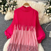 Tassel Patchwok Color Block Dress for Women Pleated Puff Sleeve Mid-calf Dresses Female Autumn
