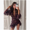 Sexy Floral Printed Mini Dress Women V-neck Flared Sleeve Waist Cinching Ruffle Bodycon Vestido Lady Party Vacation Gowns