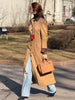 Chic Suede Women's Windbreaker Leather Patchwork Turn-Down Collar Single Breasted Waist-Closed Long Coat Autumn Lady Jacket