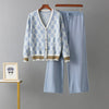 Autumn Two Piece Suits Women V Neck Basics Print Top+Elastic Long Pants Harajuku Casual Knit Sweater Warm Sets
