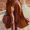 Retro Sexy Square Collar Hollow Irregular Dress Woman Pure Elegant Button Pleated Dress Fall Long Sleeve Ruffle Swing Boho Dress