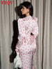 Slim Print Women's Dress Autumn V-Neck Long Sleeve Ankle Length Dresses Elegant Classic Pleated Female Dress
