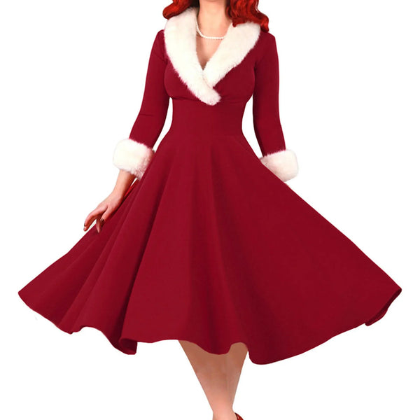 Year Christmas Dress Women Christmas Sexy Costume Long Sleeve V Neck Plush Warm Party Pleated Elegant Tunic Swing Dresses