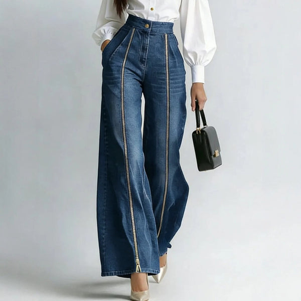 High Waist Gold Zipper Wide Leg Jeans Straight Leg Loose Denim Pant, Washed Casual Palazzo Trousers Pockets for Women