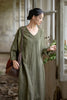 Vintage Women Ramie Cotton Dresses V-Neck Long Sleeve Spring Robes Loose Chinese Style Tie-dye A-Line Dress