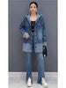 Retro Denim Hooded Coats for Women Blue Single Breasted Mid-length Loose Autumn Jackets