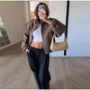 Double Zip Rib Collar Women Cropped Jacket Long Sleeve Side Pockets Loose Oversized Solid Autumn Coats Daily Chic Jackets