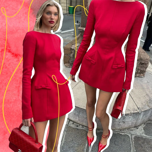 Bows Splice Long Sleeve Mini Dress Elegant Office Woman Solid Bodycon Club Party Dresses Autumn High Waist