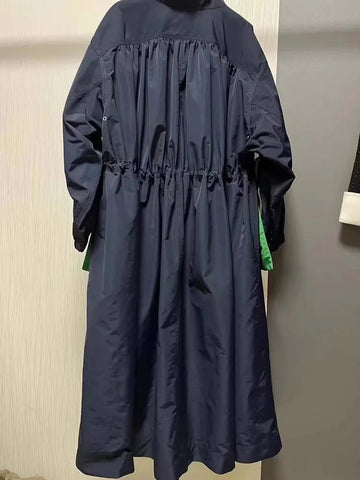 Spring Waterproof Flowy Thin Extra Long Oversized Green and Blue Color Block Trench Coat for Women Clothes