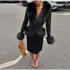 Women's Fur Patchwork Leather Jackets Furry Collar Slim Buttons Full Sleeve Female Coat Autumn Lady Street Outerwear