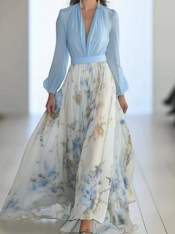 Women Elegant Print Dress Long Sleeve Deep V Neck High Waist Loose Dresses Robe Femme Holiday Party Womens Clothing