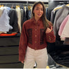 Suede Knit Patchwork Short Jacket Stand Collar Gold Single Button Long Sleeve Coat Female Spring Casual Daily Streetwear