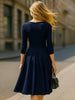 Women Elegant Square Neck 3/4 Sleeve Autumn Work Party Midi Dress Solid Color Zip Front Solid Business Casual Swing A-Line Dress