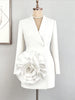 Stylish White Women Blazer Dress V Neck Long Sleeves Oversized 3D Flower Office Business Events Cocktail Party Formal Occasions