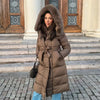 Warm Fur Collar Elastic Waist Hooded Coat Women's Elegant Waist-cinching Zippers Long Cotton Coats Winter Lady Outwear