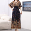 Women Bohemian Ethnic Printed Holiday Dress V-Neck Elastic Waist Casual Batswing Sleeve Mid Dress Elegant Vintage Retro Dress