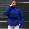 Women High Stand Collar Solid Puffer Jacket Elastic Cinched Waist Peplum Hem Zip Back Thick Padded Coat Warm Winter Street Coats