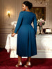 Elegant Church Dresses A Line Pleated V Neck Long Sleeves 3D Flower Peplum Office Ladies Wedding Guest Party Outfit Curve