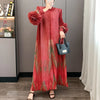 Red Pleated Hand-Cranked Floral Print Women's Long Dress Long Sleeve Elegant Temperament Elastic Loose Dresses 2DB4509