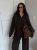 Brown V-Neck Knit Shirt Pants Set Women Solid Long Sleeve Top Empire Straight Loose Trousers Lady Spring Suit