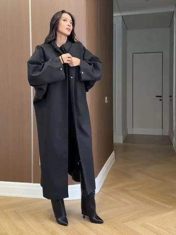 Batwing Sleeve Women's Coat Lapel Single-Breasted Loose Lady Long Jackets Autumn Winter All-Matched Street Outwear