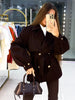 Women Short Belted Trench Coat Lapel Double Breasted Long Puff Sleeve Loose Fit Jacket Casual Daily Office Ladies Outerwear