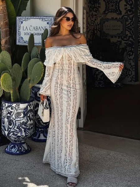 White Lace Patchwork Long Dress Women's Pleated Ruffle Sleeve Off shoulder bodycon See Through Vestidos Lady Party Gowns