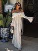 White Lace Patchwork Long Dress Women's Pleated Ruffle Sleeve Off shoulder bodycon See Through Vestidos Lady Party Gowns