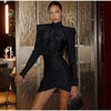 Women Black Pleated Shoulder Pad Dress Full Sleeve High Collar Slim Mini Dresses Lady Daily Commute Elegant Gowns